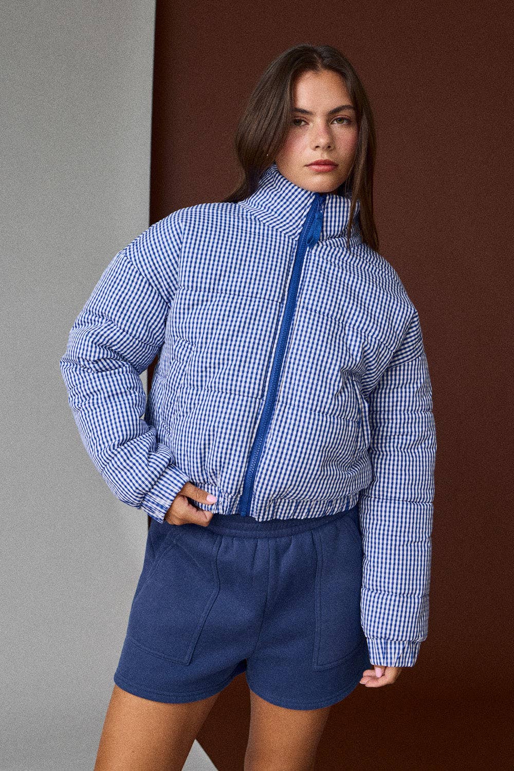 PJ16891-1 - GINGHAM ZIP UP PUFFER JACKET: Green / M