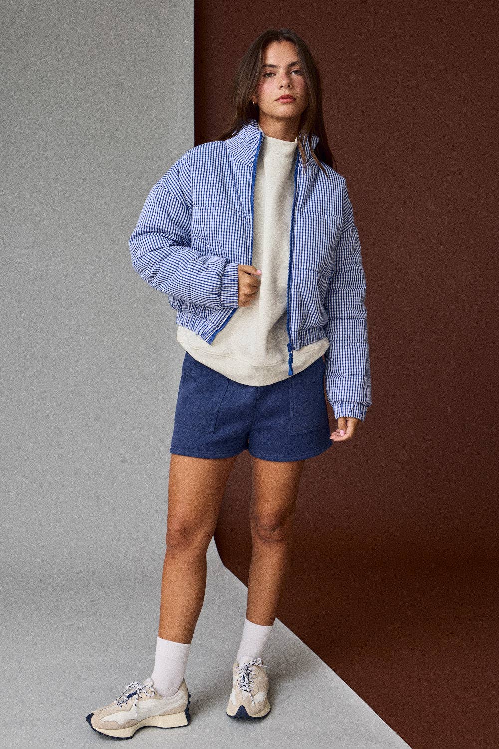 PJ16891-1 - GINGHAM ZIP UP PUFFER JACKET: Green / M