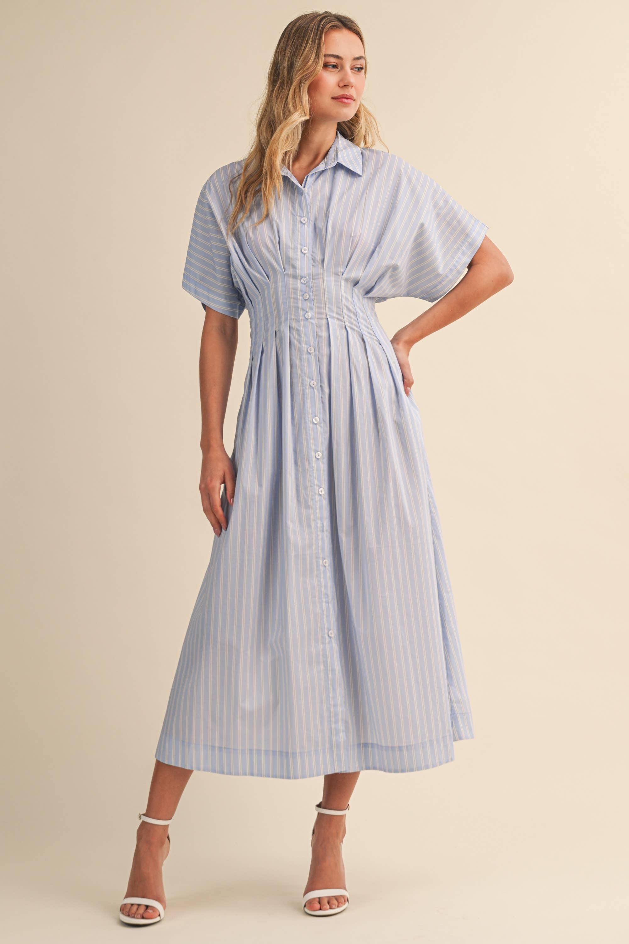 STRIPE PRINT DOLMAN SLEEVE PLEATS WAIST BUTTON DOWN