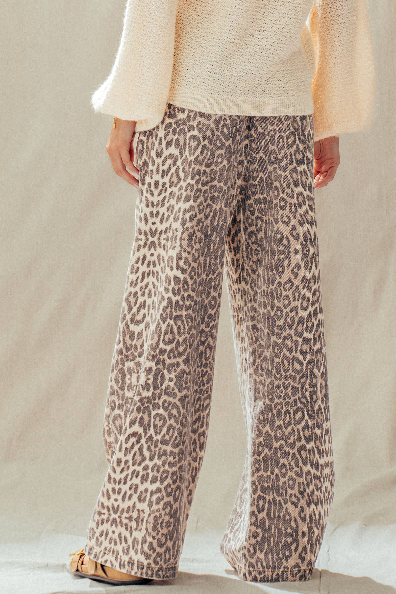 Leopard Print Wide Leg Cotton Pants Drawstring: