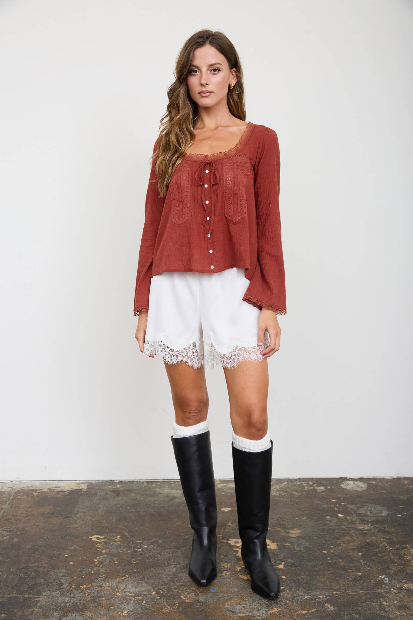 SCOOP NECK FRONT TIE LACE TRIM LONG SLEEVE TOP : BRICK
