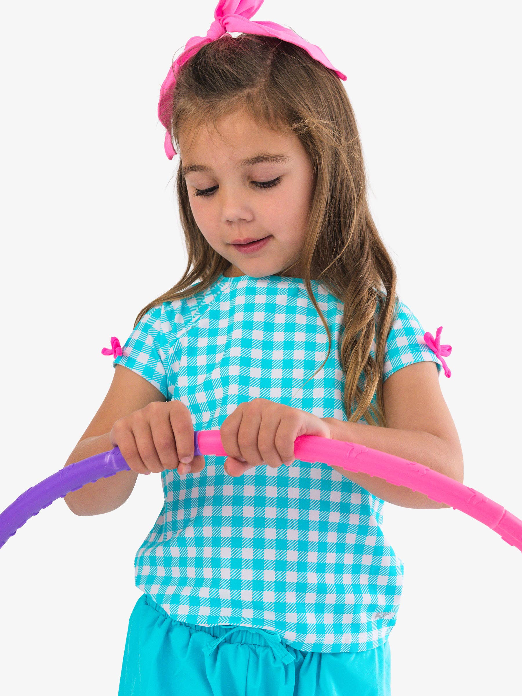 Girls Bright Aqua Gingham Active Raglan Bow Shirt