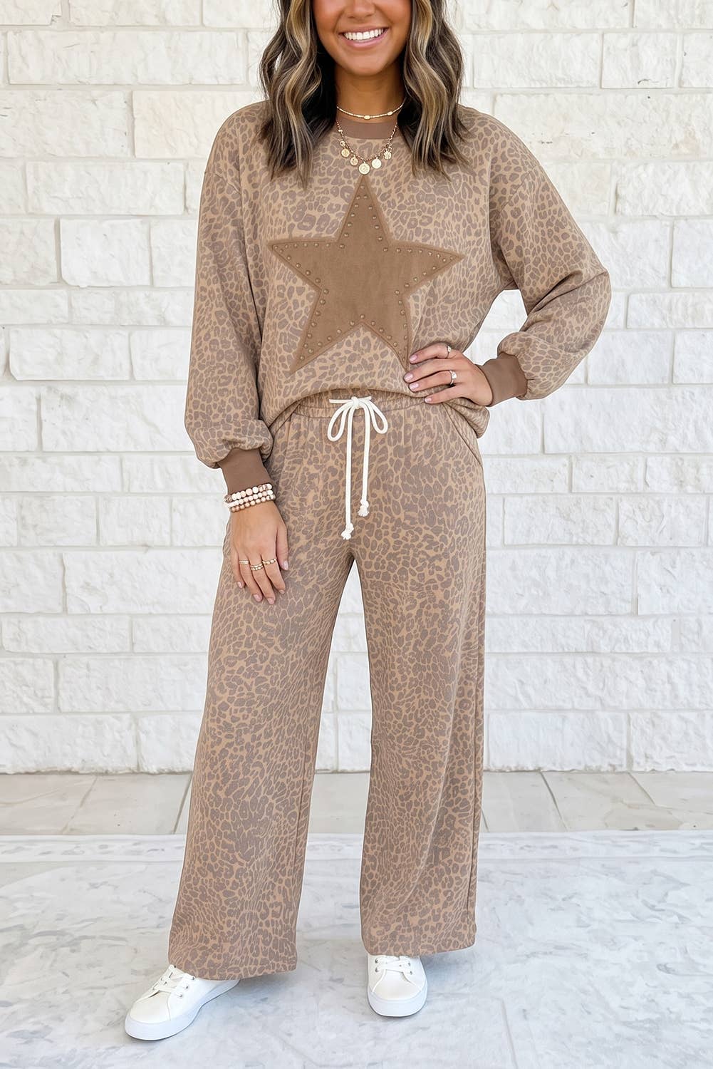 Leopard Print Star Patch Loose 2 Piece Pants Set S–4X: Khaki / L