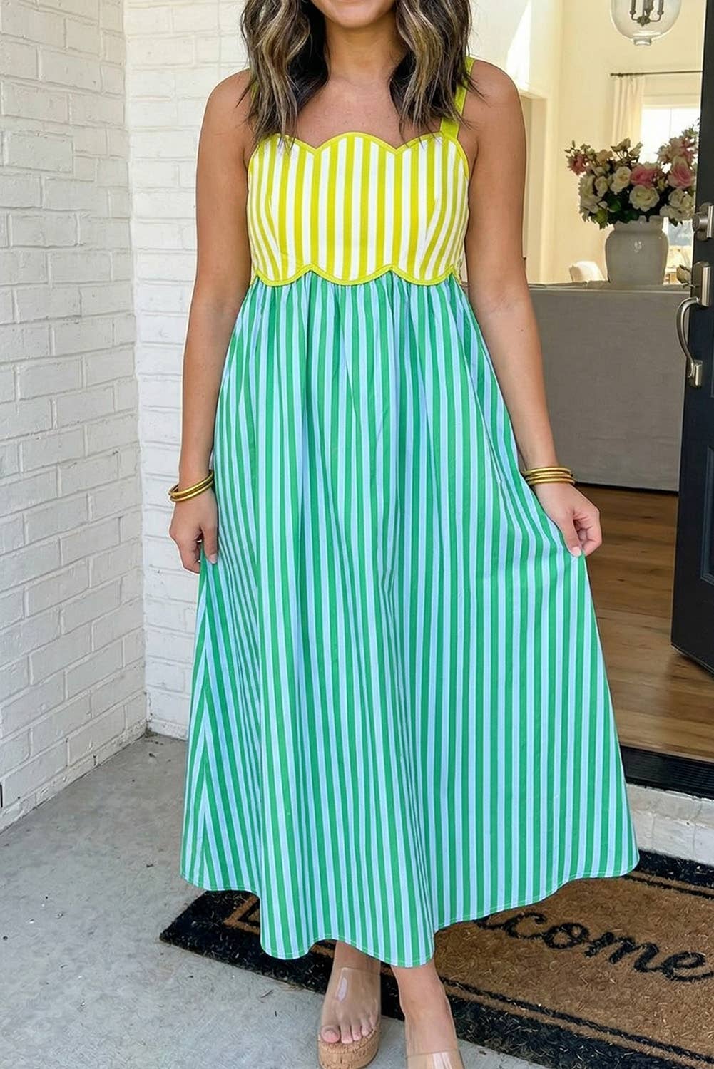 Green & Yellow Striped Maxi Dress
