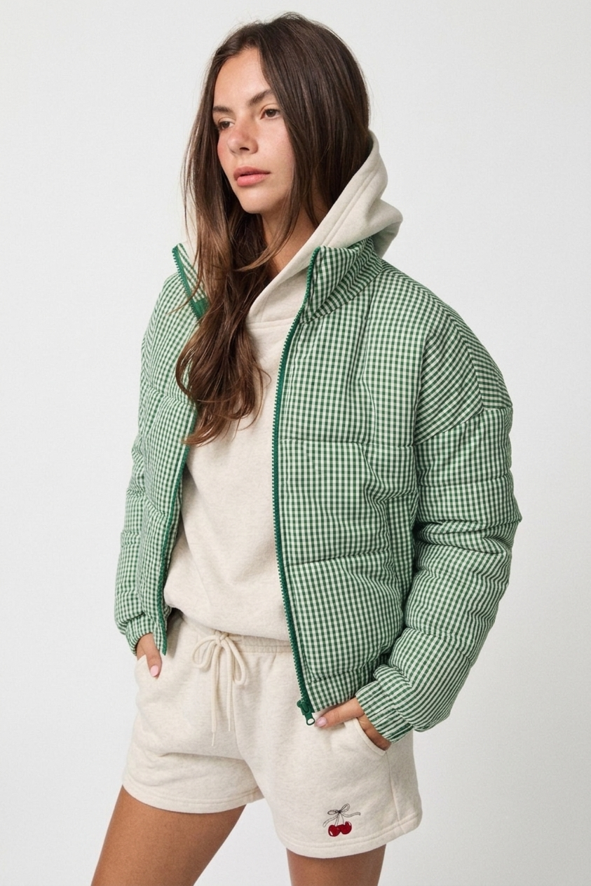 PJ16891-1 - GINGHAM ZIP UP PUFFER JACKET: Green / L