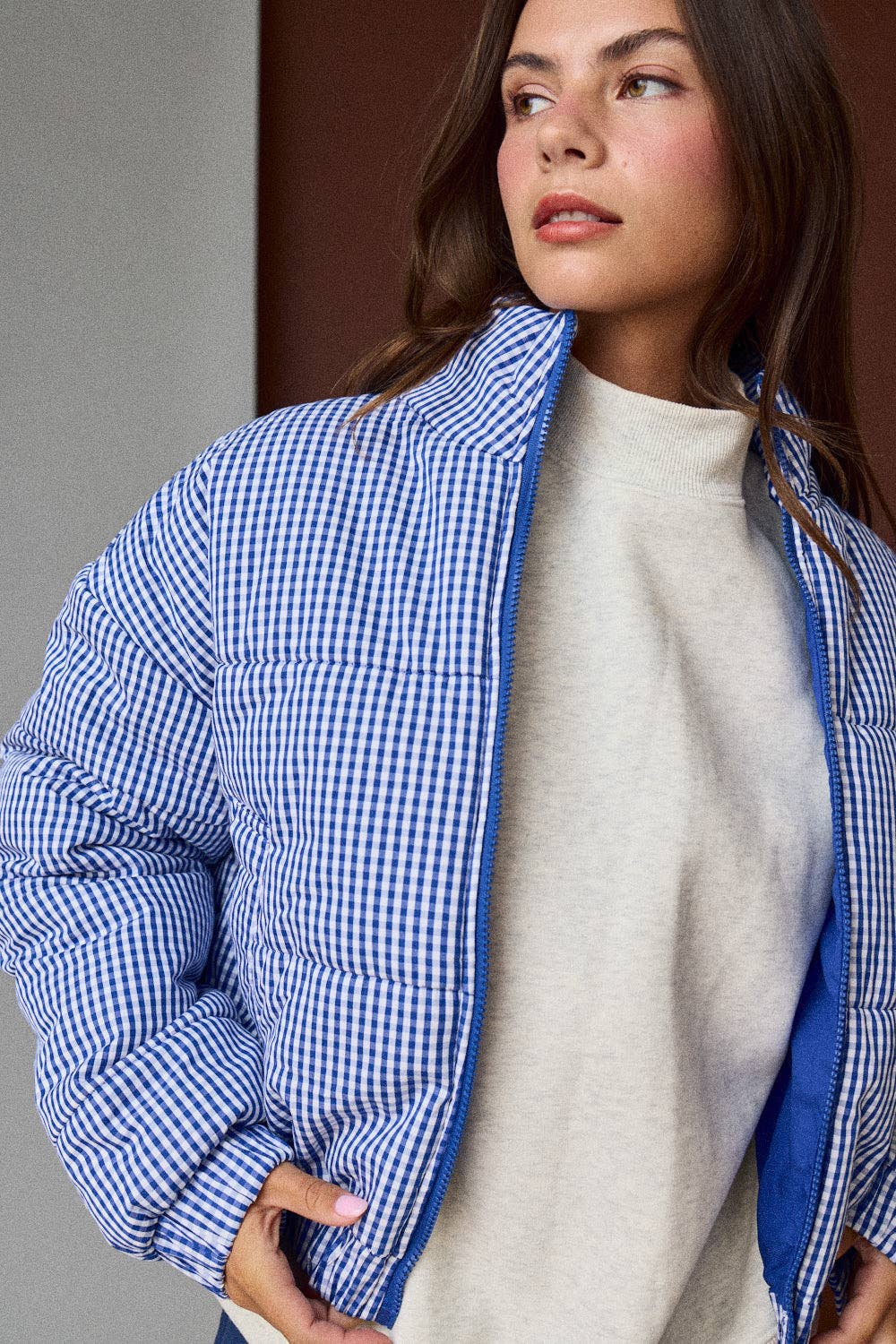PJ16891-1 - GINGHAM ZIP UP PUFFER JACKET: Green / S