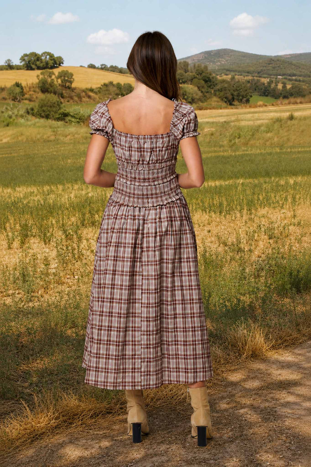 PLAID PUFF SLEEVE RUFFLED SMOCKED WAIST MIDI DRESS (PRE-ORDER): BURGUNDY