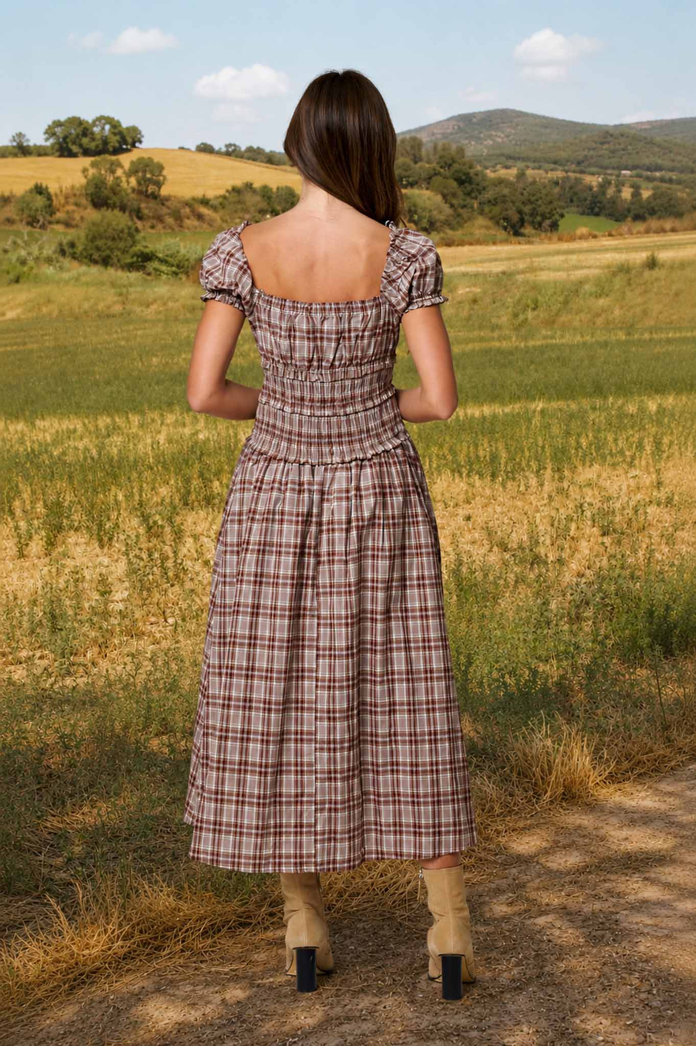 PLAID PUFF SLEEVE RUFFLED SMOCKED WAIST MIDI DRESS (PRE-ORDER): BURGUNDY