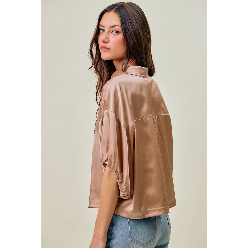 SATIN LACE TRIM BUTTON DOWN SHORT SLEEVES BLOUSE TOP