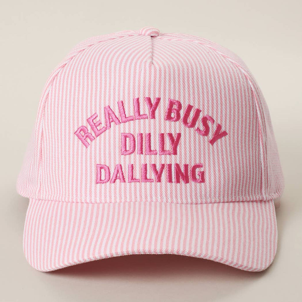 REALLY BUSY DILLY DALLYING Embroidered Seersucker Stripe Hat: PINK / ONE SIZE