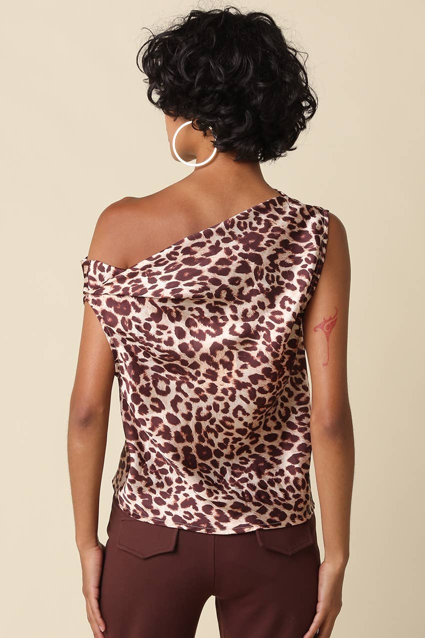 Lina Leopard One-Shoulder Top: CREAM BROWN LEOPARD / L