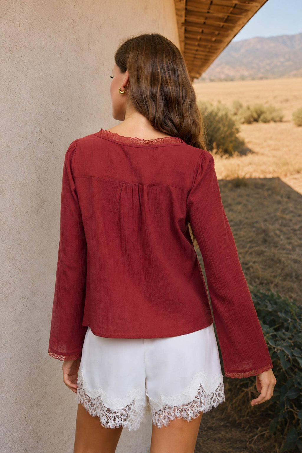 SCOOP NECK FRONT TIE LACE TRIM LONG SLEEVE TOP : BRICK