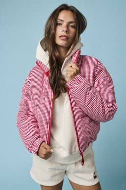 PJ16891-1 - GINGHAM ZIP UP PUFFER JACKET: Green / L