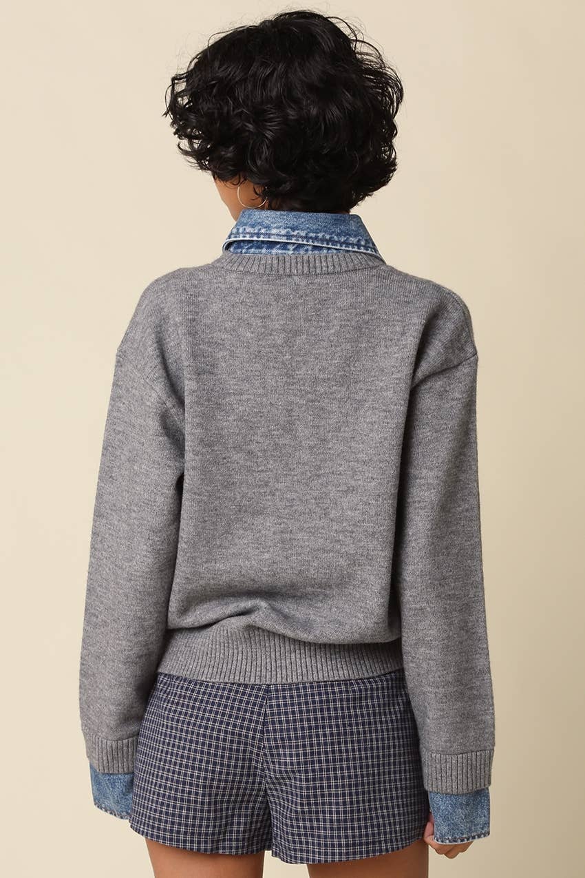 Emely Contrast Knit Sweater: KHAKI LT DENIM / M