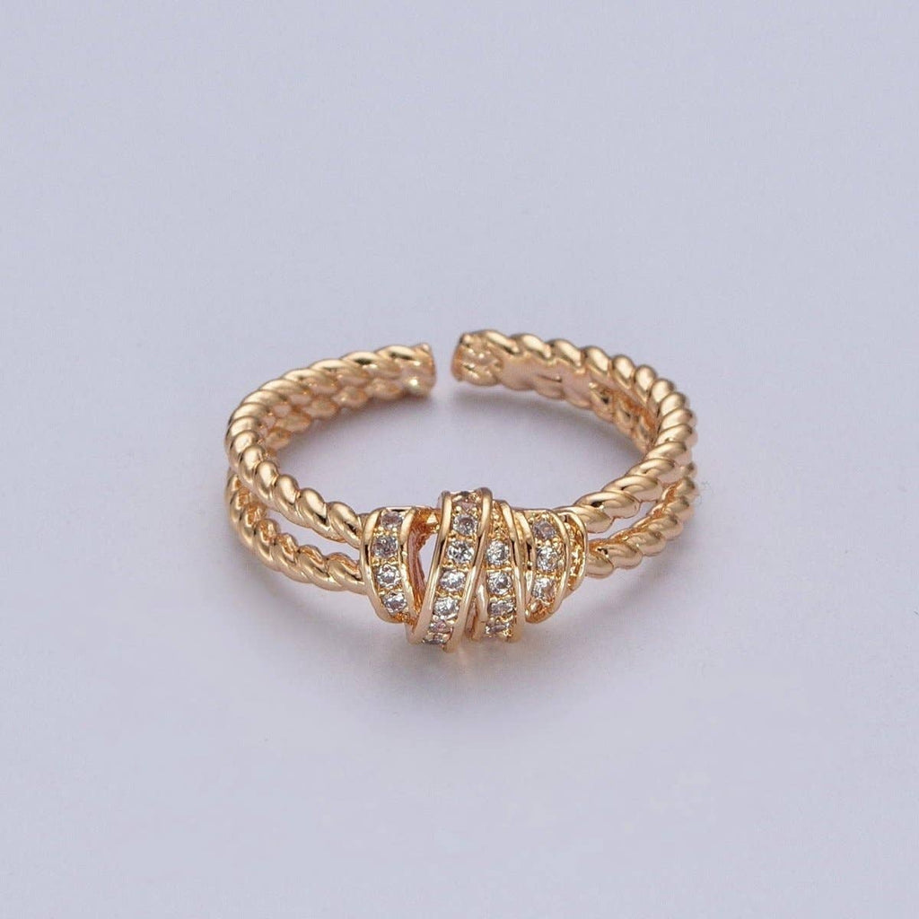 Gold Micro Pave Cubic Zirconia CZ Twist Double Band Adjustable Ring O-448