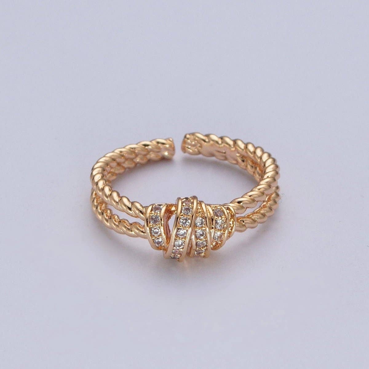 Gold Micro Pave Cubic Zirconia CZ Twist Double Band Adjustable Ring O-448