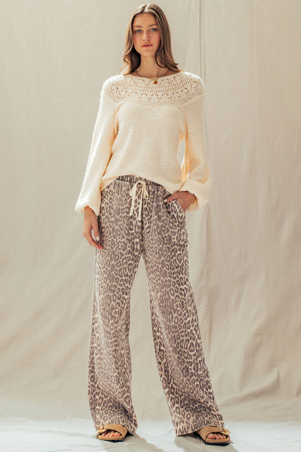 Leopard Print Wide Leg Cotton Pants Drawstring: