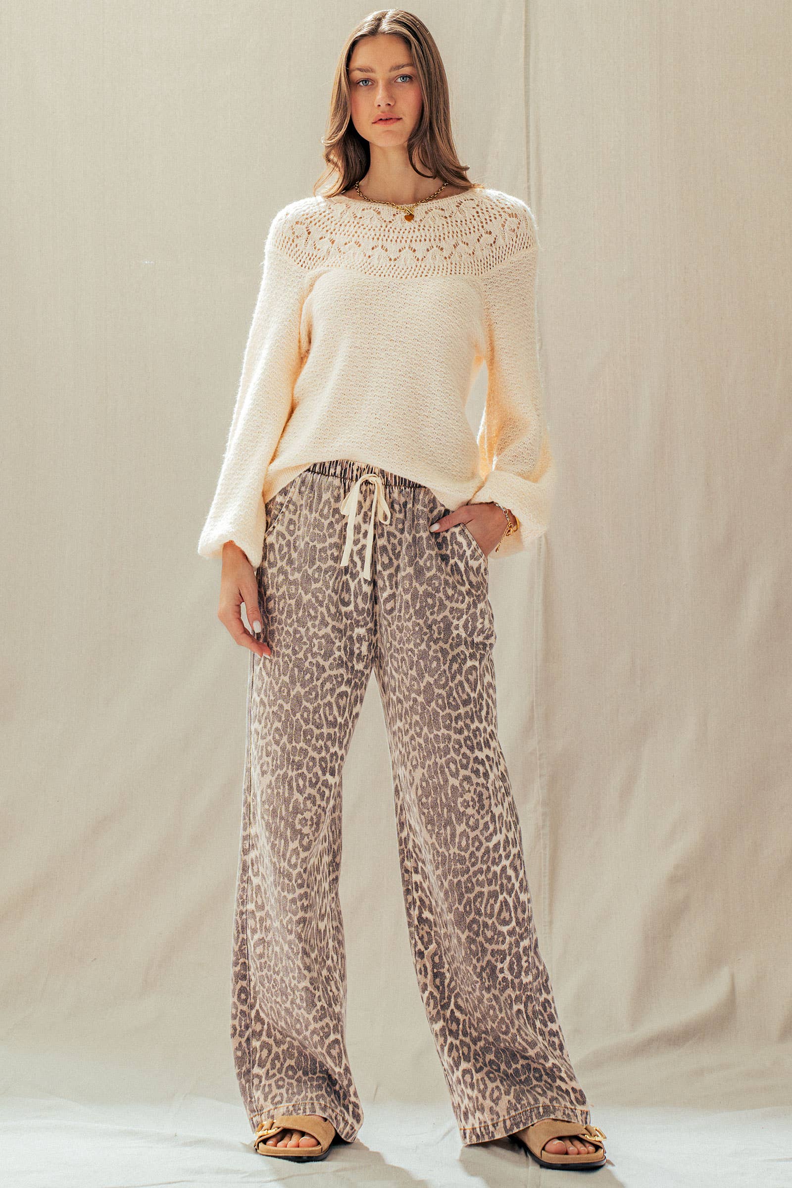 Leopard Print Wide Leg Cotton Pants Drawstring: