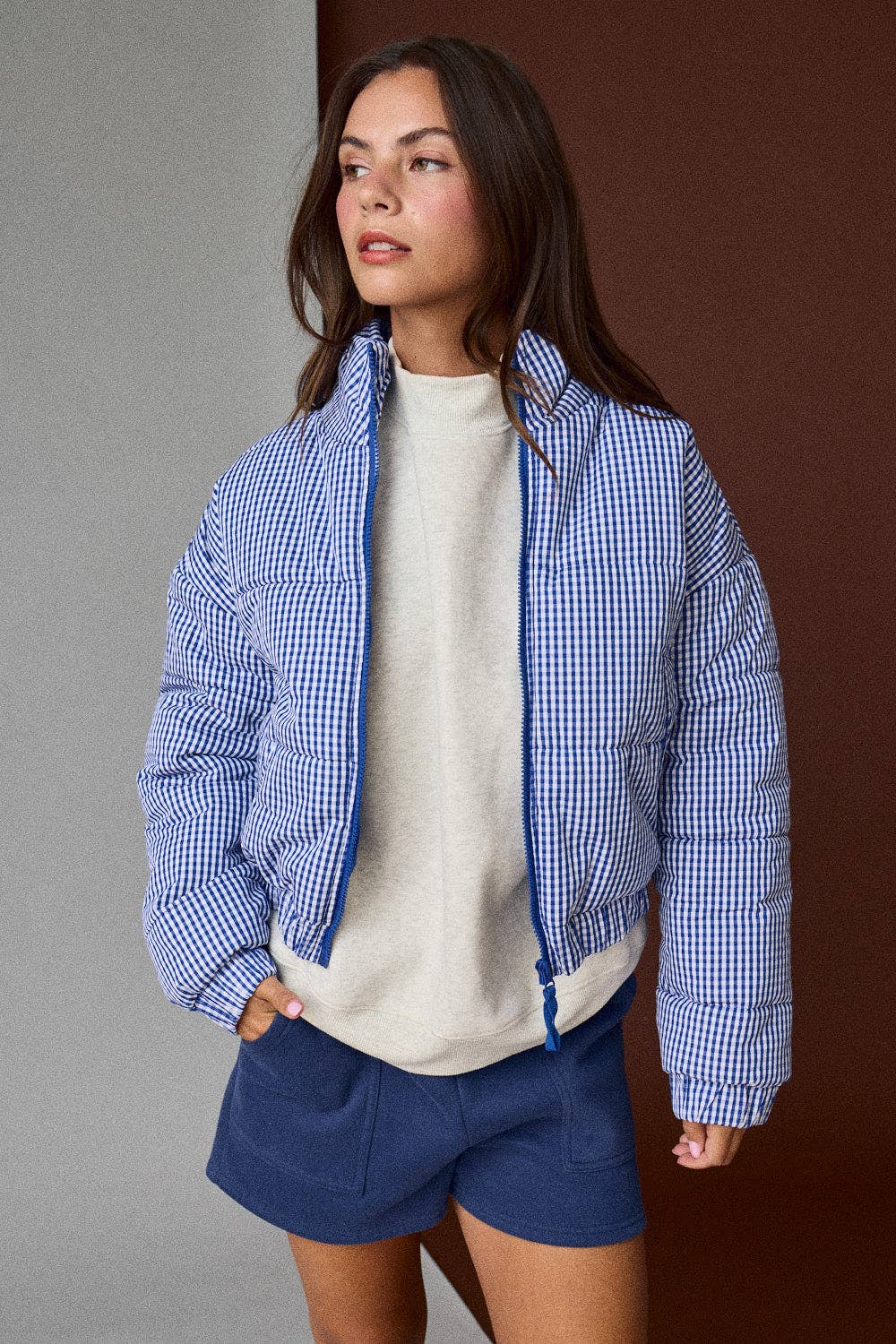 PJ16891-1 - GINGHAM ZIP UP PUFFER JACKET: Green / S