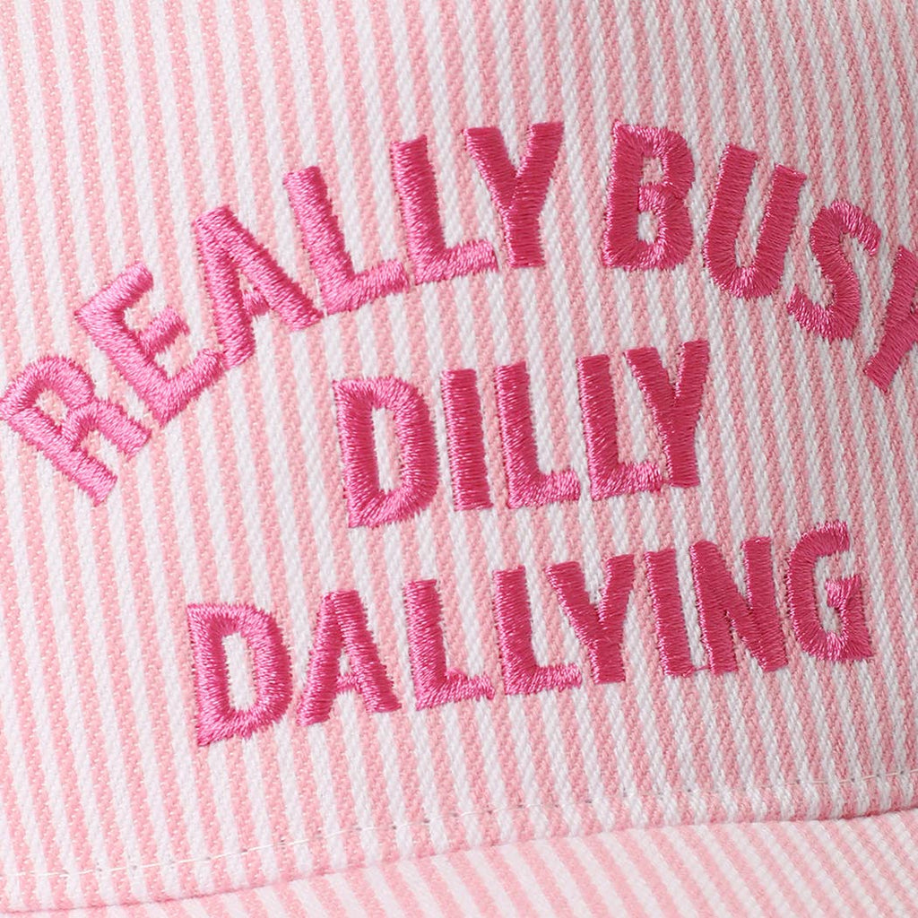 REALLY BUSY DILLY DALLYING Embroidered Seersucker Stripe Hat: PINK / ONE SIZE
