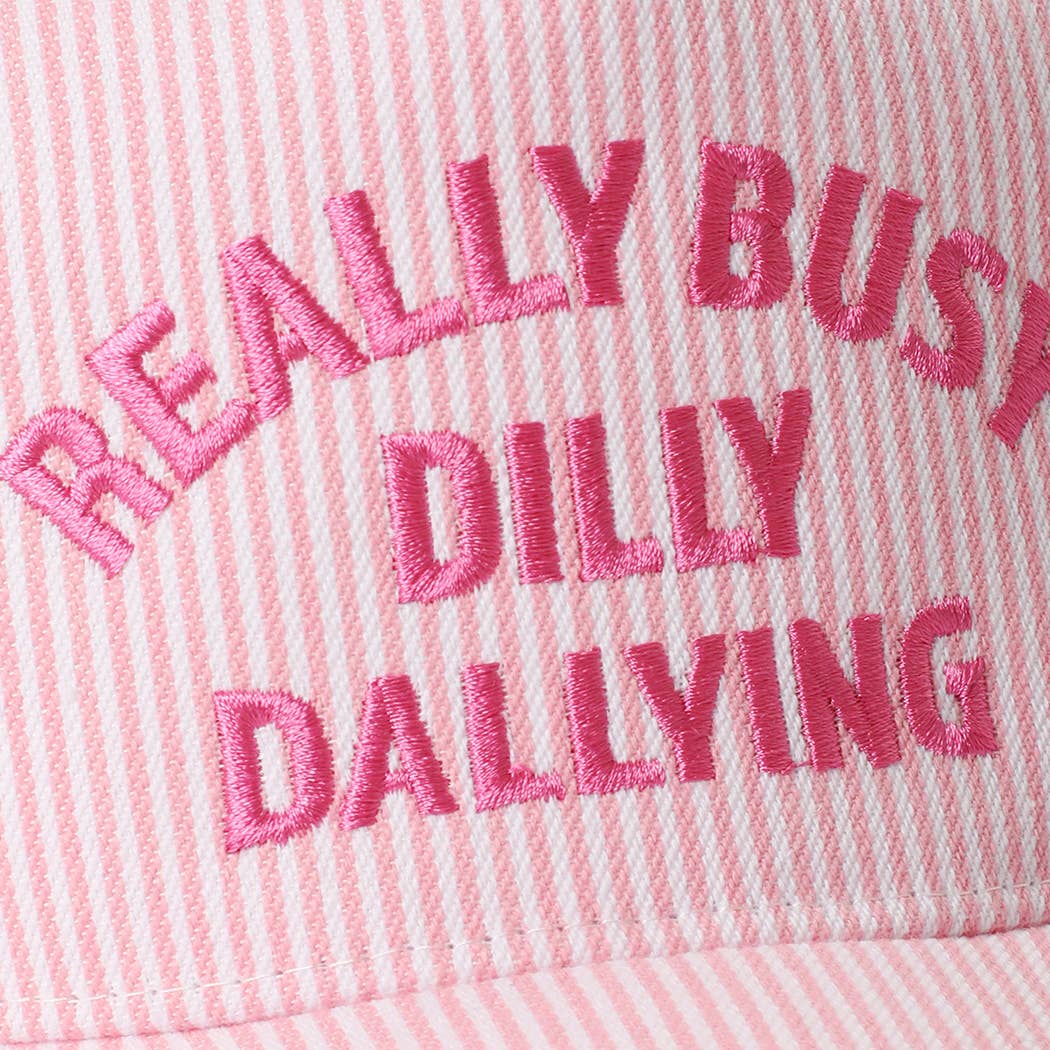 REALLY BUSY DILLY DALLYING Embroidered Seersucker Stripe Hat: PINK / ONE SIZE
