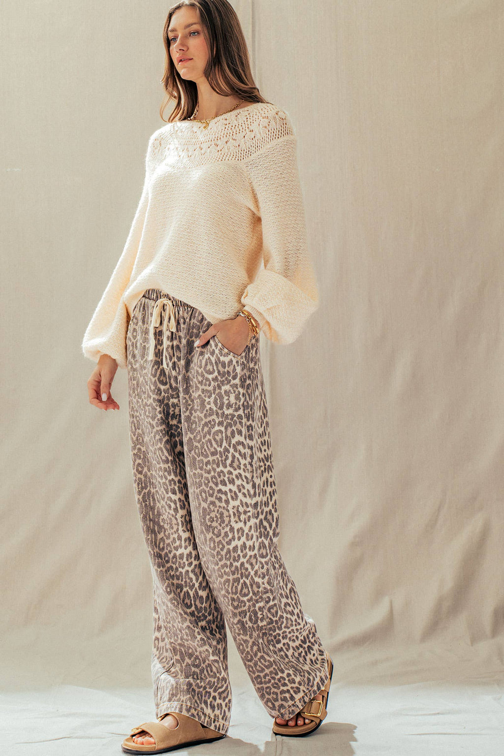 Leopard Print Wide Leg Cotton Pants Drawstring: