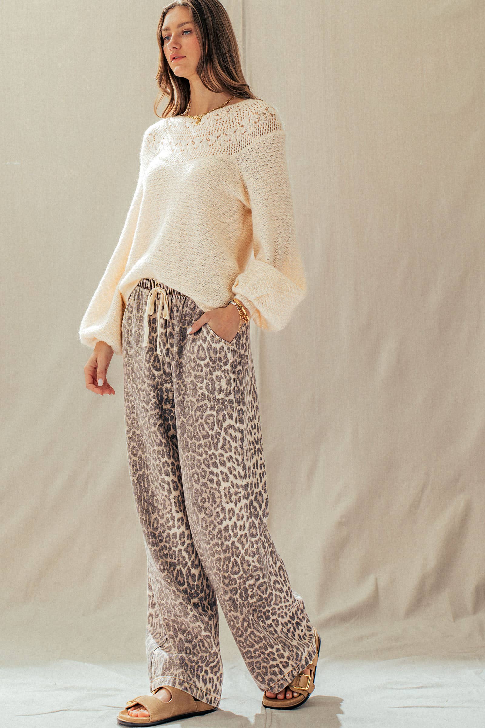 Leopard Print Wide Leg Cotton Pants Drawstring: