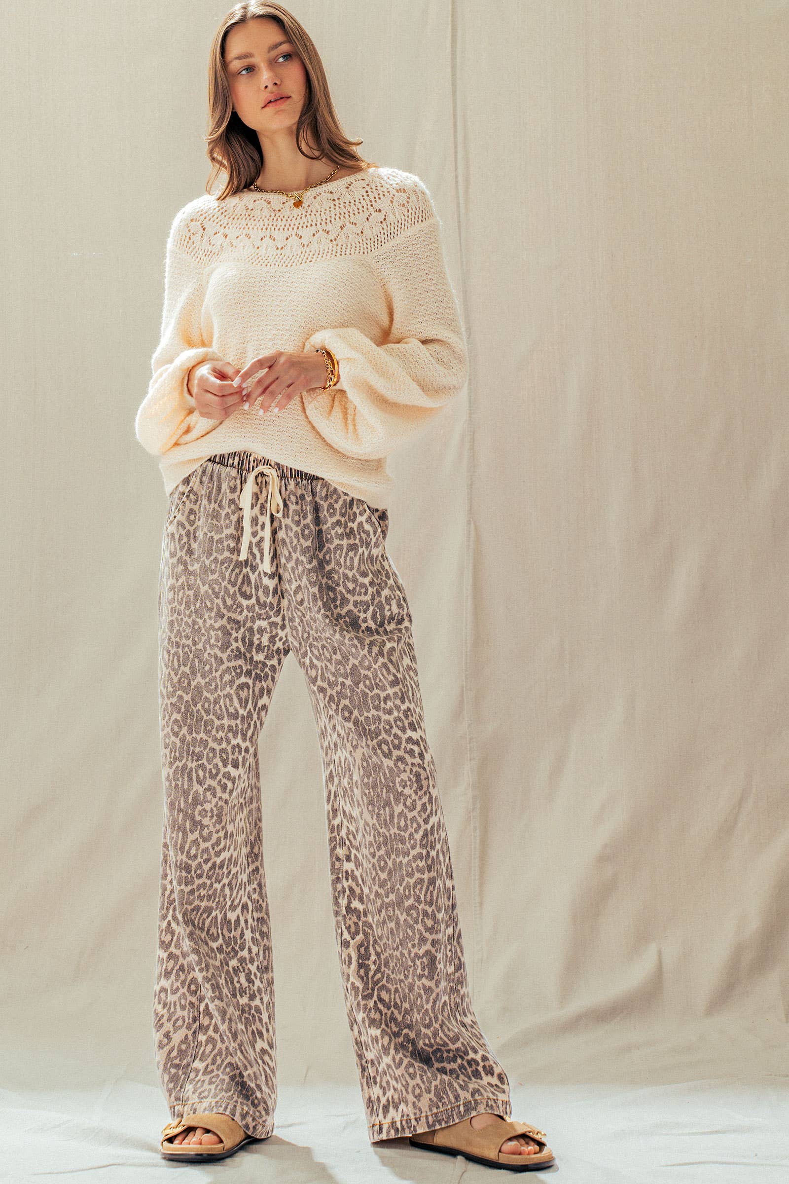 Leopard Print Wide Leg Cotton Pants Drawstring: