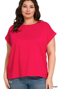 Plus Round Neck Folded Short Sleeve T-shirt