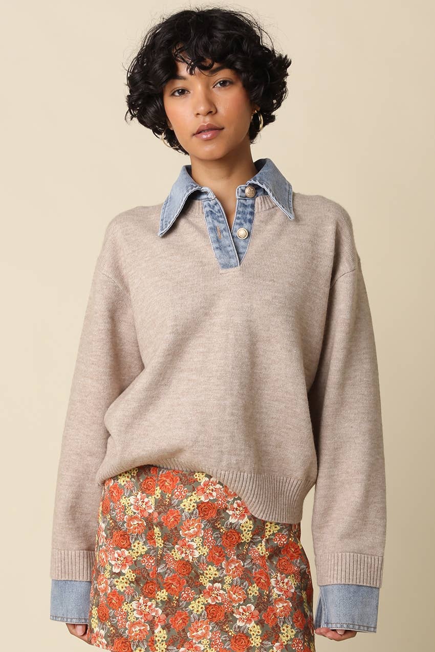 Emely Contrast Knit Sweater: KHAKI LT DENIM / M