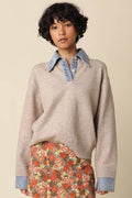 Emely Contrast Knit Sweater: KHAKI LT DENIM / L