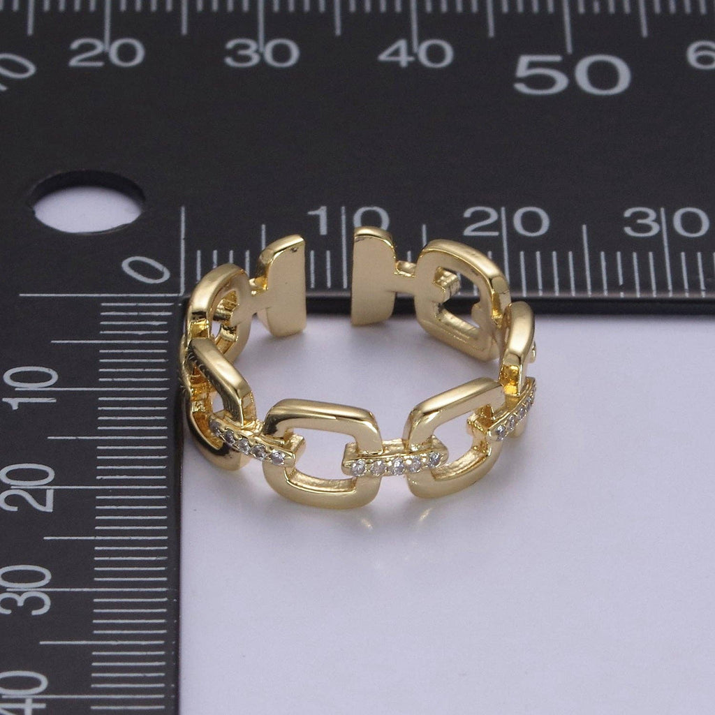 24K Gold Filled Cable Paperclip Chain Link Ring, Dainty Micro Pave Cubic Zirconia CZ Ring S-347
