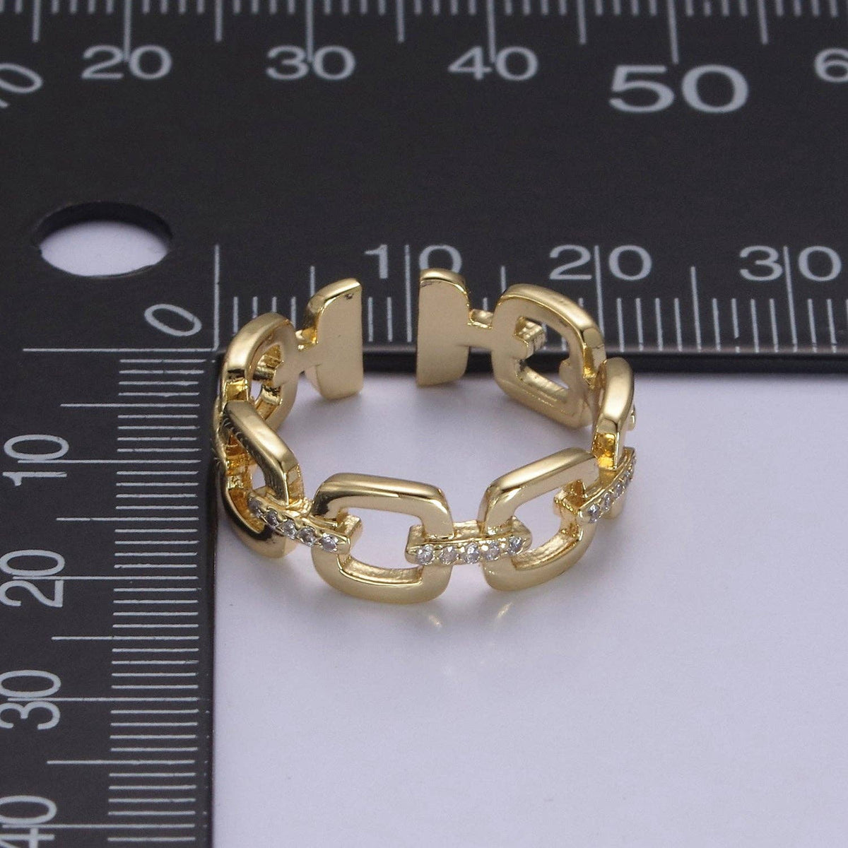 24K Gold Filled Cable Paperclip Chain Link Ring, Dainty Micro Pave Cubic Zirconia CZ Ring S-347