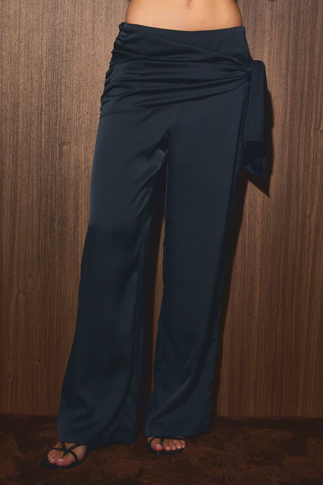 Wrap Detail Wide Leg Satin Trousers: NAVY / M