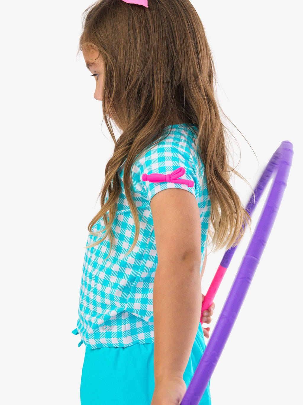 Girls Bright Aqua Gingham Active Raglan Bow Shirt