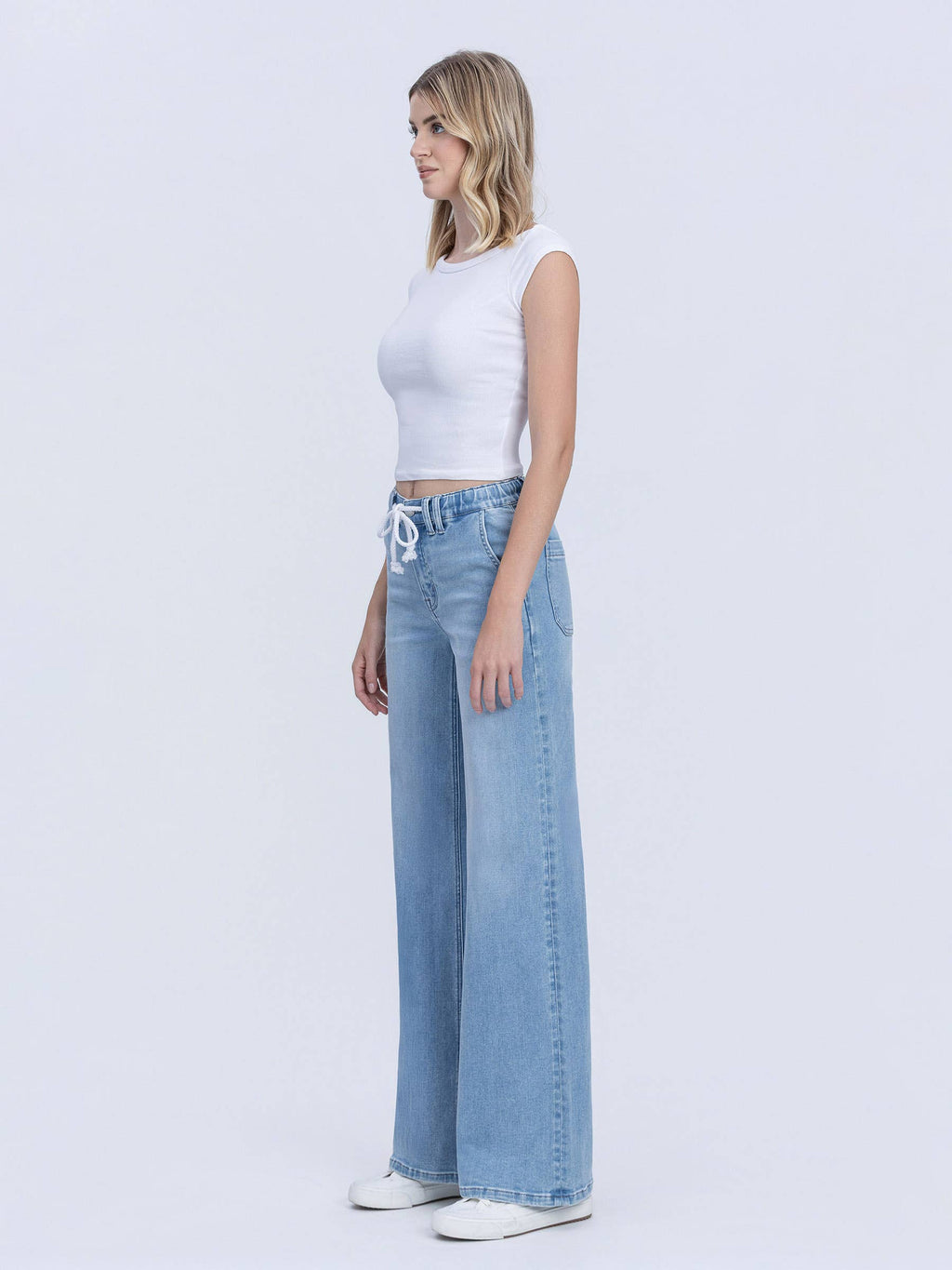 HIGH RISE ELASTIC WB WITH DRAWSTRING WIDE LEG JEANS