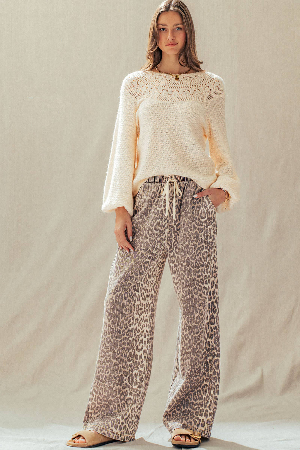 Leopard Print Wide Leg Cotton Pants Drawstring: