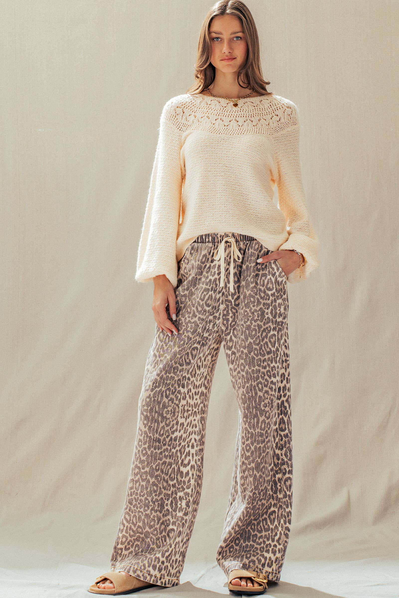 Leopard Print Wide Leg Cotton Pants Drawstring: