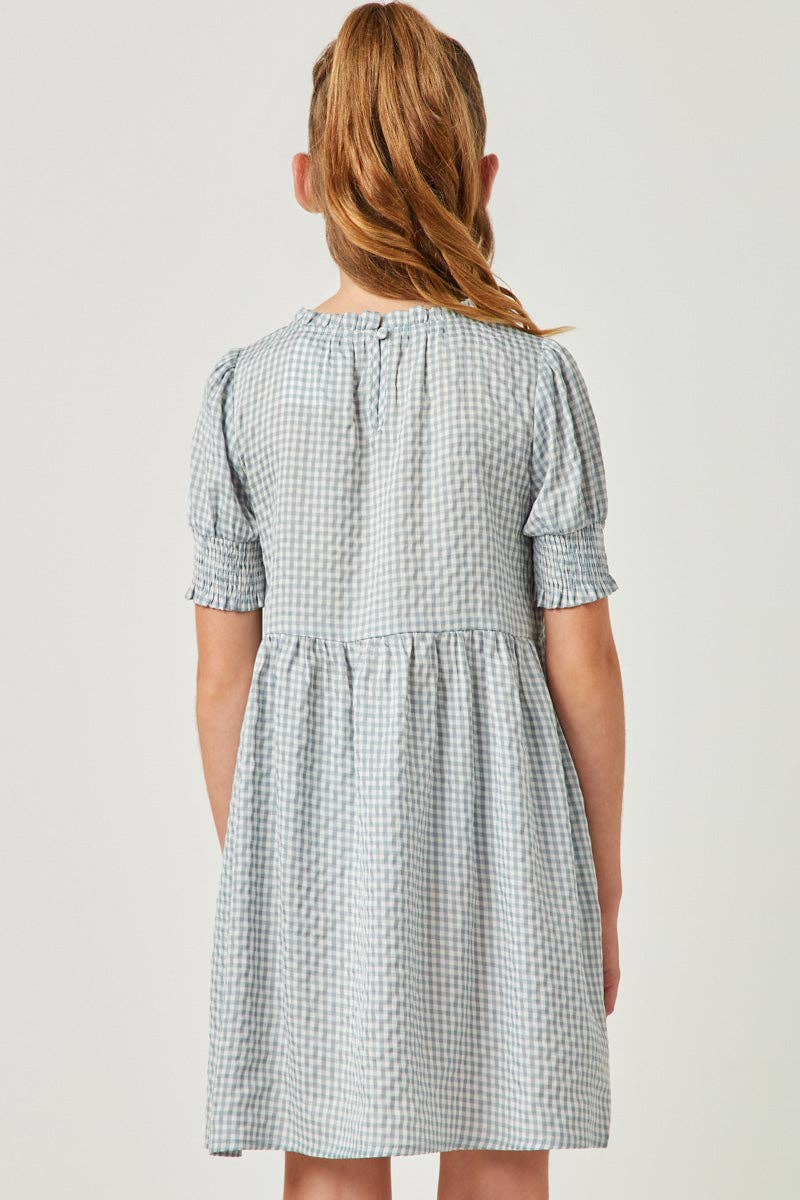 Girls Blue Gingham Smocked Dress