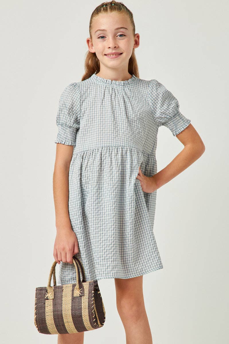 Girls Blue Gingham Smocked Dress