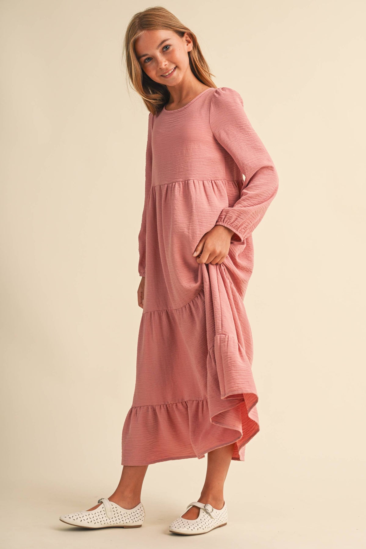PRE-ORDER- TWEEN KIDS GIRLS MAXI TIERED DRESS (7-14): Mauve / 13/14