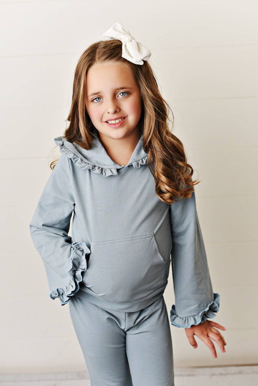 Kids Blue Gray Hooded Ruffle Set