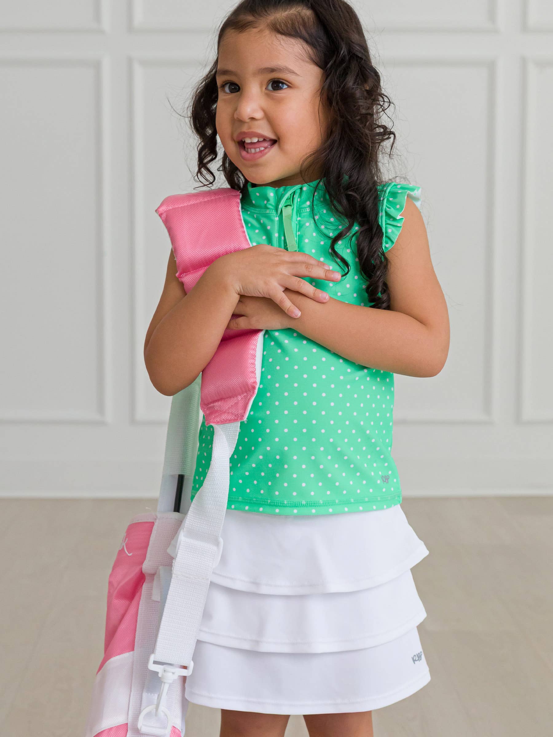 Girls Spring Green Micro Dot Sleeveless Zip Ruffle Sleeve Active Top