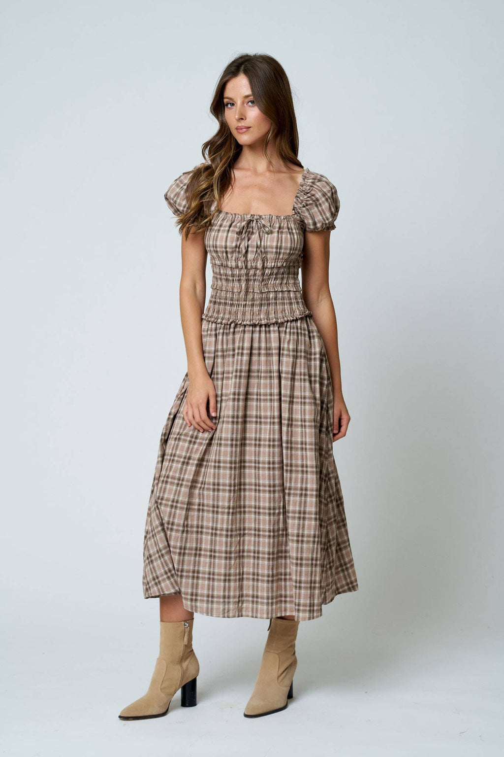 PLAID PUFF SLEEVE RUFFLED SMOCKED WAIST MIDI DRESS (PRE-ORDER): BURGUNDY