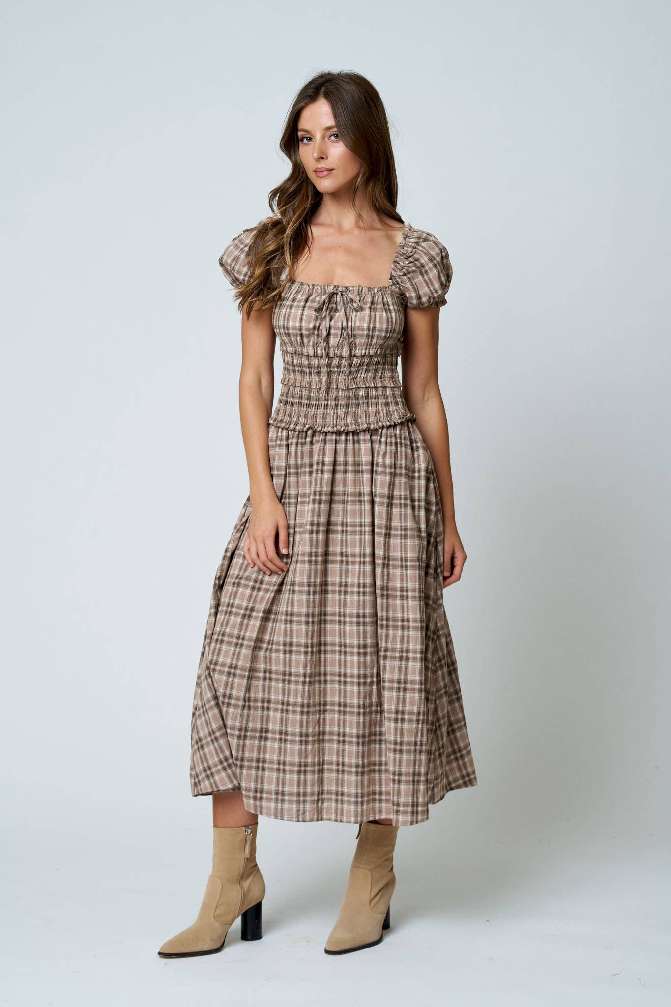 PLAID PUFF SLEEVE RUFFLED SMOCKED WAIST MIDI DRESS (PRE-ORDER): BURGUNDY