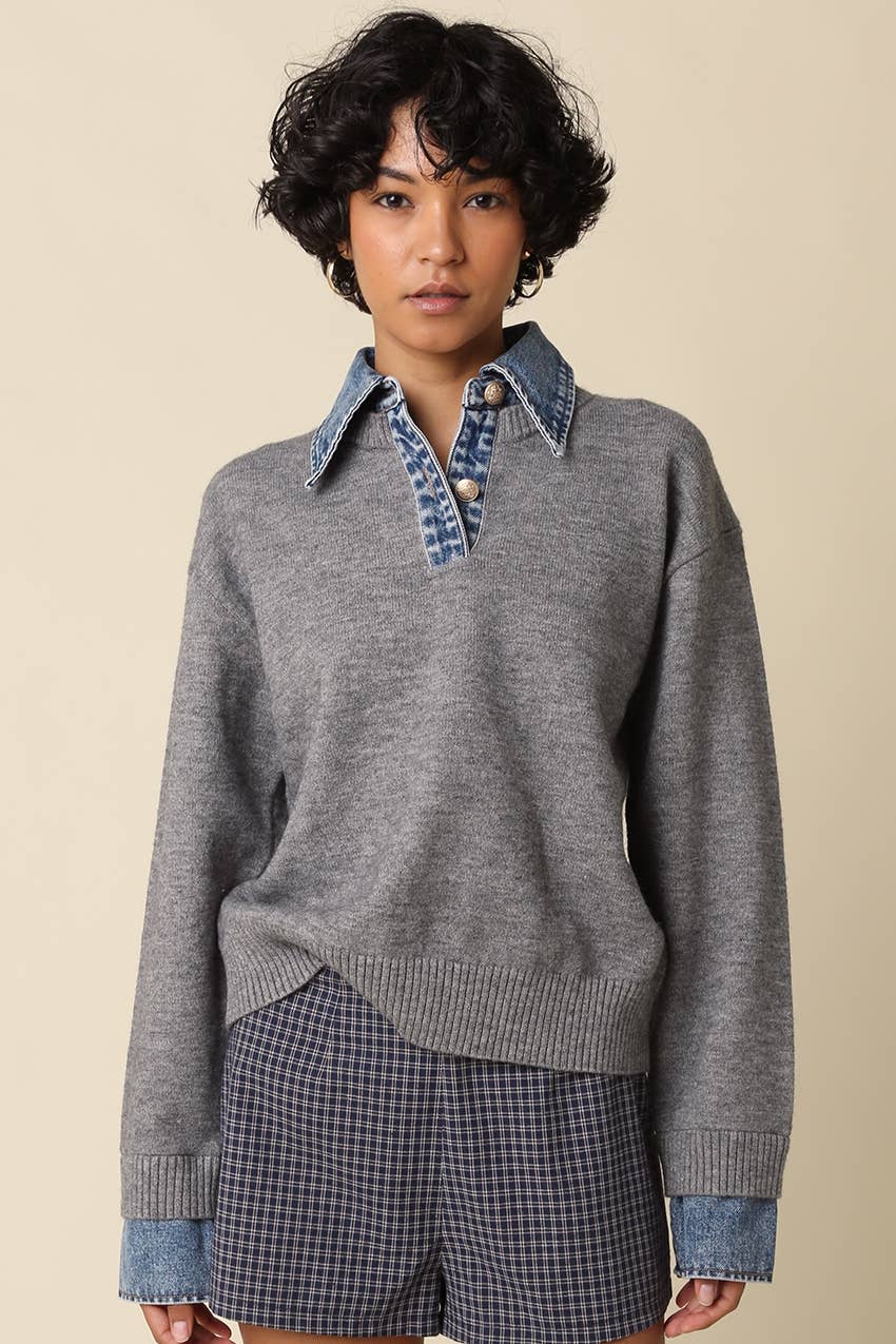 Emely Contrast Knit Sweater: KHAKI LT DENIM / S