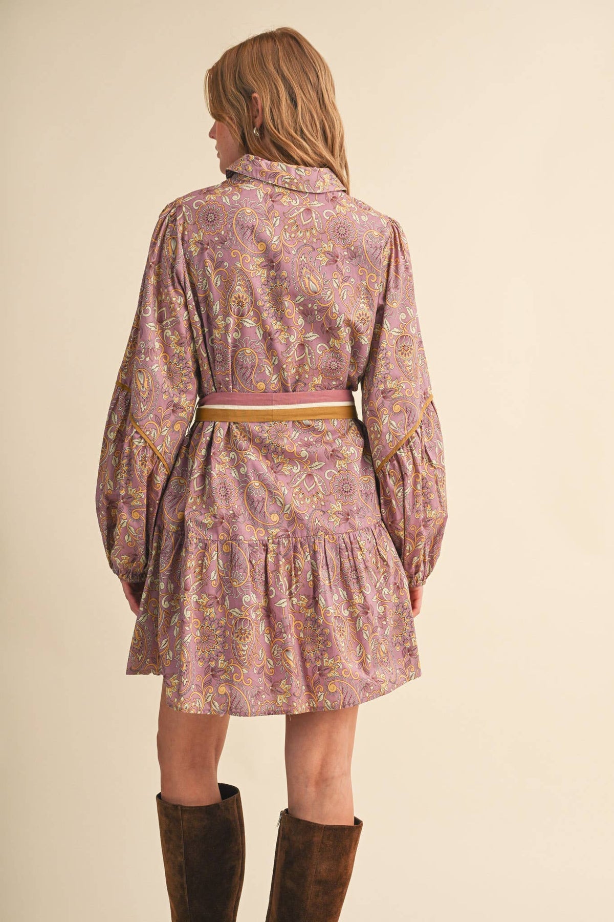 FLORAL PAISLEY BUTTON DOWN BELTED MINI DRESS MDR5148: DUSTY TEAL PAISLEY / M