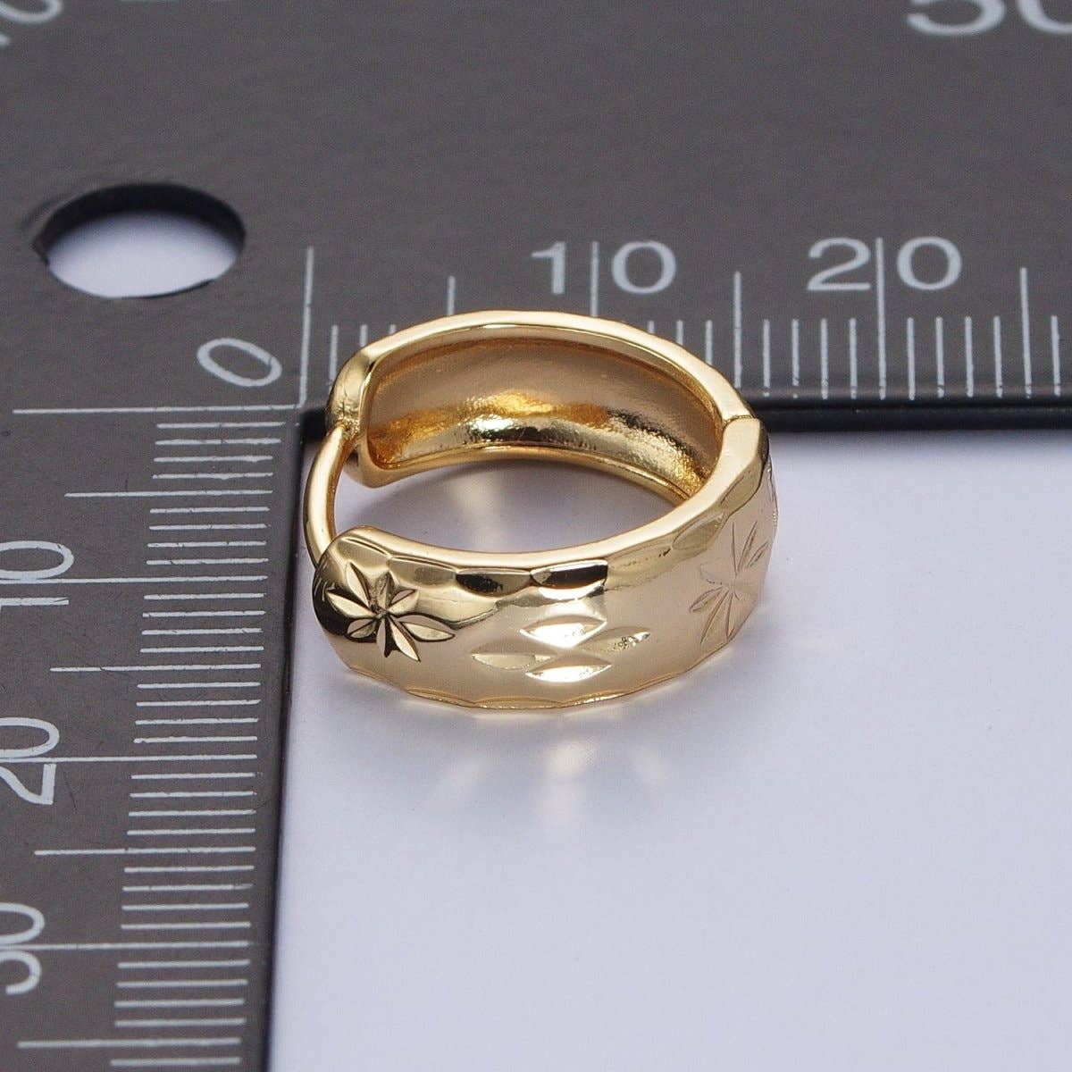 Gold Earrings with Textured North Star Carved Wide Small Huggie Hoop Earrings - AD-480