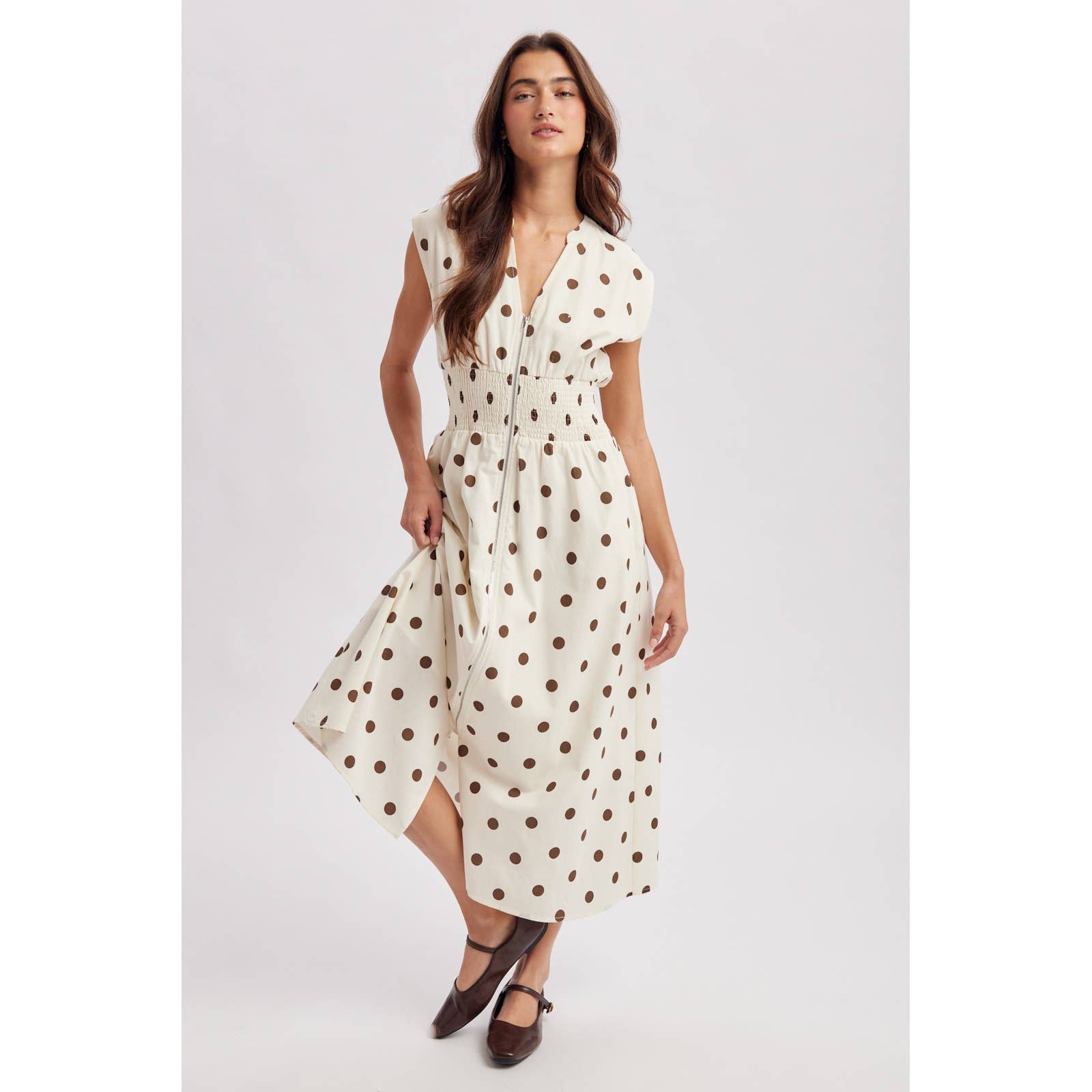 POLKA DOT ZIP MIDI DRESS