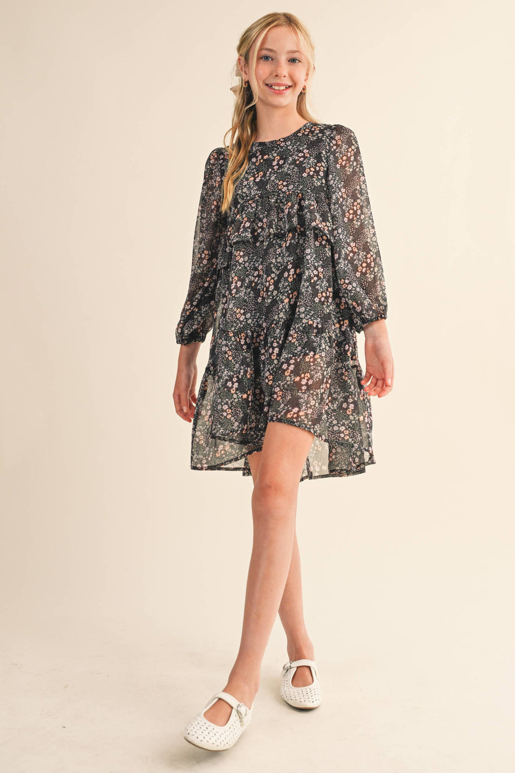 TWEEN KIDS GIRLS LAYERED HI LOW MIDI DRESS (7-14): BLACK MULTI / 7/8